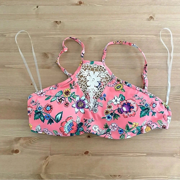 Vera Bradley Coral Floral Print Harper High-Neck Reversible Bikini Top L 12-14 - Picture 1 of 16
